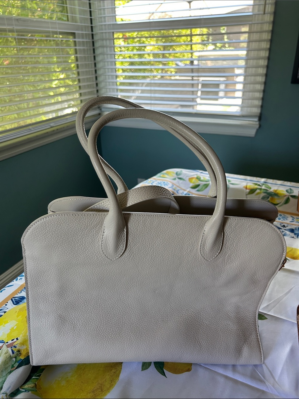 Elegant Structured Women’s Genuine Pebbled Leather Tote in Light Beige